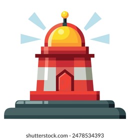 Red and white striped lighthouse with yellow dome. Vector illustration