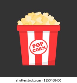 Red and white striped paper box full of popcorn, vector illustration. Salty, butter or cheese cinema snack on grey background.