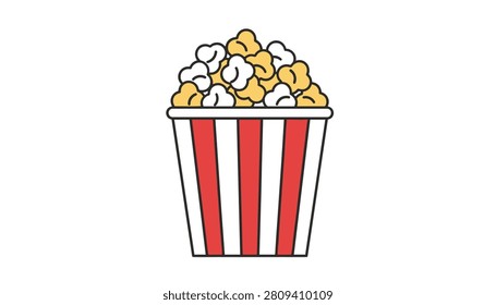 Red and white striped paper bucket filled with delicious butter popcorn is shown in a flat vector style.