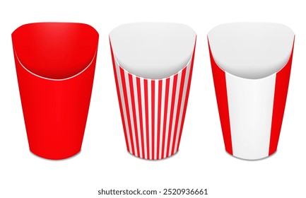 Red and white striped paper french fries holder cup. Realistic 3d vector mock-up set. Color takeaway street food cone packaging. Mockup. Cardboard snack box bucket. Easy editable template