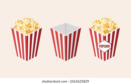 Red and white striped popcorn box, empty, full of popcorn and with logo. Popcorn is a staple snack for watching films. Isolated on a white background. Vector images