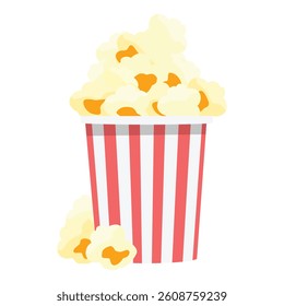 Red and white striped popcorn box full of salted, sweet popcorn isolated on white background. Cinema, movie night snack. Pop corn bucket. Vector