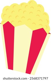 Red and white striped popcorn container filled with yellow popcorn, associated with movie theaters, entertainment, and snacking.