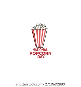 Envase de palomitas de maíz a rayas rojas y blancas lleno de palomitas de maíz y texto del "Día Nacional de las Palomitas de Maíz"