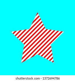 Red white striped star. Vector drawing. Isolated object on blue background. Isolate.