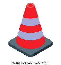 El cono de tráfico rayado rojo y blanco está parado sobre una base gris, lo que indica precaución y dirige el flujo de tráfico