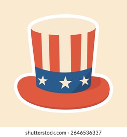 A red and white striped Uncle Sam hat with a blue band and three white stars, symbolizing American patriotism in a bold, graphic style