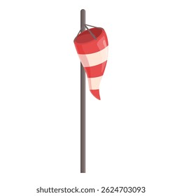 Red and white striped windsock hanging on a pole, used to indicate wind direction and strength