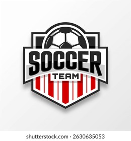 Red and white stripes football logo badge with a soccer ball illustration. sport team logo vector template.