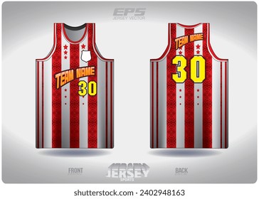 Red and white stripes interspersed with tribal pattern design, illustration, textile background for sports t-shirt, football jersey shirt mockup for football club. consistent front view