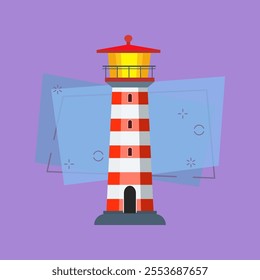 Red and white stripped beacon. Tall tower of lighthouse with observation deck. Can be used for topics like sea, signal, control