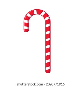 Red and white stripped Christmas candy cane stick flat vector illustration isolated on white background. Traditional winter holidays sweet treat. Christmas decoration clip art design element.