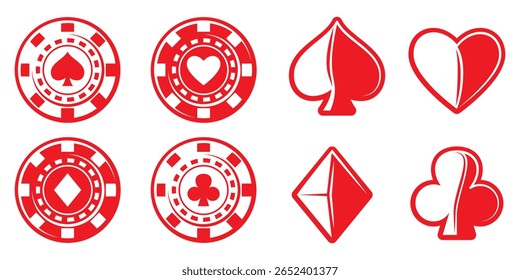 As fichas de poker de estilo vermelho e branco e suas variedades apresentam os símbolos clássicos de corações, espadas, diamantes e paus em um fundo branco limpo.