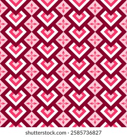 Red and white stylized hearts and V-shapes tessellate in a bold geometric pattern. Clean, modern, playful graphic design. Ideal for eye-catching projects, digital and print.