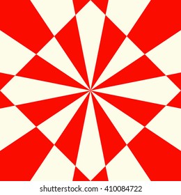 Red white stylized optical prism sunbeam background. Red striped abstract wallpaper. Symmetric geometric ornament. Vector illustration