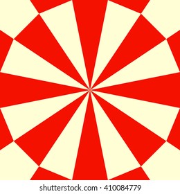 Red white stylized optical prism sunbeam background. Red striped abstract wallpaper. Symmetric geometric ornament. Vector illustration
