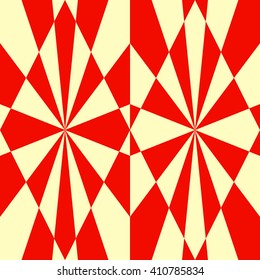 Red white stylized optical prism sunbeam background. Red striped abstract wallpaper. Symmetric geometric ornament. Vector illustration