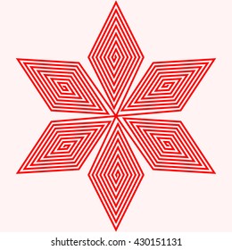 Red white stylized star on white background. Red striped flower abstract wallpaper. Symmetric geometric snowflake ornament. Vector illustration