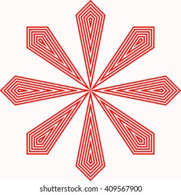 Red white stylized sunbeam background. Red striped abstract wallpaper. Symmetric geometric ornament. Vector illustration