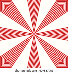 Red white stylized sunbeam background. Red striped abstract wallpaper. Symmetric geometric ornament. Vector illustration