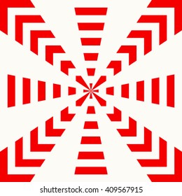 Red white stylized sunbeam background. Red striped abstract wallpaper. Symmetric geometric ornament. Vector illustration
