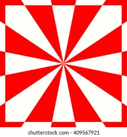 Red white stylized sunbeam background. Red striped abstract wallpaper. Symmetric geometric ornament. Vector illustration