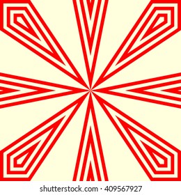 Red white stylized sunbeam background. Red striped abstract wallpaper. Symmetric geometric ornament. Vector illustration
