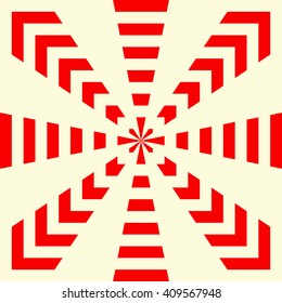 Red white stylized sunbeam background. Red striped abstract wallpaper. Symmetric geometric ornament. Vector illustration