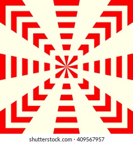 Red white stylized sunbeam background. Red striped abstract wallpaper. Symmetric geometric ornament. Vector illustration