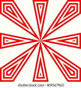 Red white stylized sunbeam background. Red striped abstract wallpaper. Symmetric geometric ornament. Vector illustration