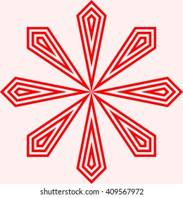 Red white stylized sunbeam background. Red striped abstract wallpaper. Symmetric geometric ornament. Vector illustration