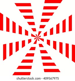 Red white stylized sunbeam background. Red striped abstract wallpaper. Symmetric geometric ornament. Vector illustration