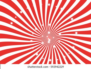 Red and White Sunburst vector background. Swirl strips with sparkling stars clip art, wallpaper, banner and backdrop.