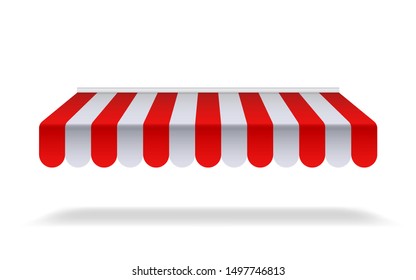 Red and white sunshade for marketplace or shop. Open awning with striped canvas for circus or store.Red canopy for cafe on isolated background. vector illustration