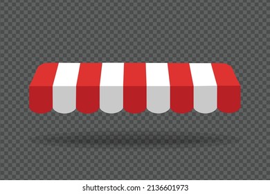 Red and white sunshade for marketplace or shop. Red canopy or Striped Awning Element. vector illustration. Open awning with striped canvas for circus or store. Isolated on Transparent Background