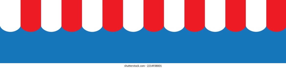 Red and white sunshade for marketplace or shop. Red canopy or Striped Awning Element. vector illustration. Open awning with striped canvas for circus or store. Isolated on blue Background