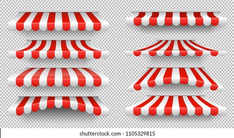 Red and white sunshade. Outdoor awnings for cafe and shop window isolated vector set. Tent sunshade for market, stripe summer scallop for store illustration