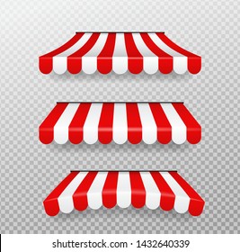 Red and white sunshades for shops Isolated vector on transparent background.