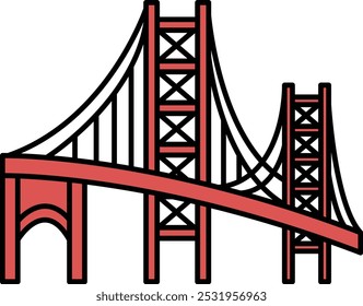 A red and white suspension bridge spans across a body of water. The bridge is a prominent feature in the scene, drawing the viewer's attention. The red and white colors create a striking contrast