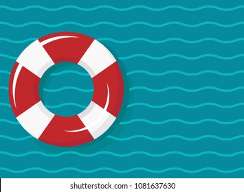 red and white swimming rubber ring on blue wavy background. Floating lifebuoy, toy for beach or ship. Inflatable circle, buoy in pool. Summer sea vacation poster or card.