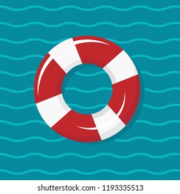 red and white swimming rubber ring on blue wavy background. Floating lifebuoy, toy for beach or ship. Inflatable circle, buoy in pool. Summer sea vacation poster or card.