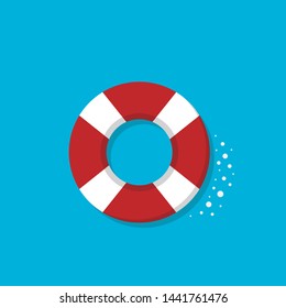 Red and white swimming rubber ring on blue background. Floating lifebuoy in pool. Wave and bubbles. Isolated illustration. 