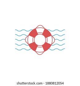 red and white swimming rubber ring on blue wavy background. Floating lifebuoy, toy for beach or ship.