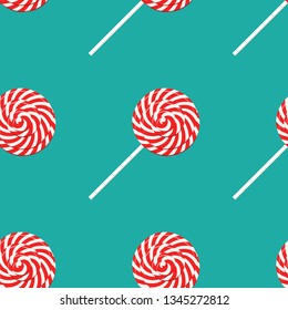 Red and white swirl lollipop seamless pattern poster, flat style. Vector illustration for happy birthday, new year, Christmas greeting card, invitation. Fabric print design background.