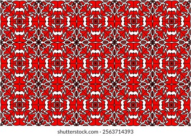 Red and white symmetrical geometric motif with artistic patterns in a classic style. This design features intricate details with floral elements and regular circular shapes, perfect for backgrounds.