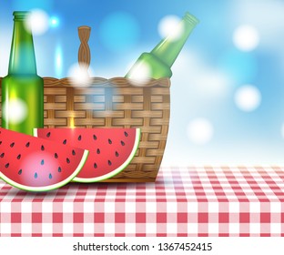Red and white tableclothe in garden of free space for your decoration
