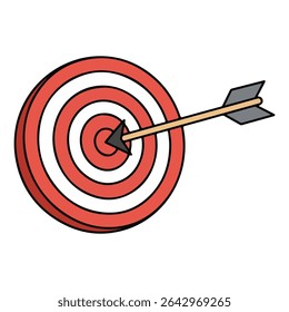 Um alvo vermelho e branco com uma flecha atingindo o alvo. Uma poderosa metáfora de desenho animado para alcançar metas, sucesso, precisão e objetivos de negócios. Para marketing e estratégia.