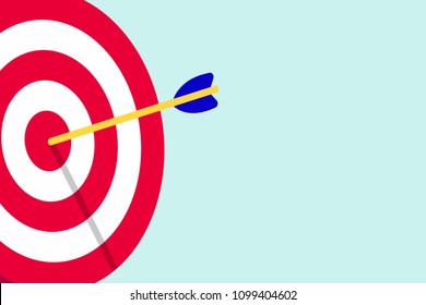 Red white target with arrows in the bullseye with shadows on it. Goal achieving symbol icon sign vector banner illustration isolated on light blue background flat style design