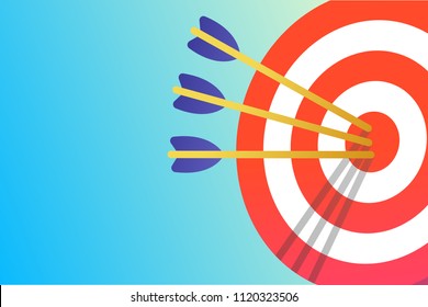 Red white target with arrows in the bullseye with shadows on it. Goal achieving symbol icon sign vector banner illustration isolated on light blue background flat style design gradient version