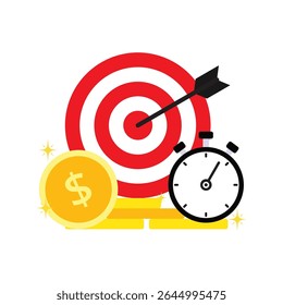 Red and White Target with Black Arrow, Gold Dollar Coins, and Black Stopwatch for Achieving Financial Goals